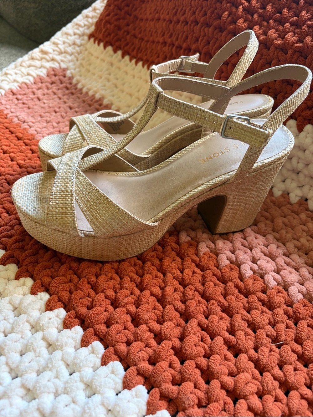 Sun + Stone Natural Beige Woven Platform Slingback Heels